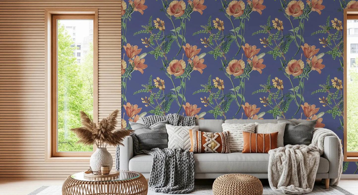 Botanical pattern from Vintage Flowers on blue Wallpaper