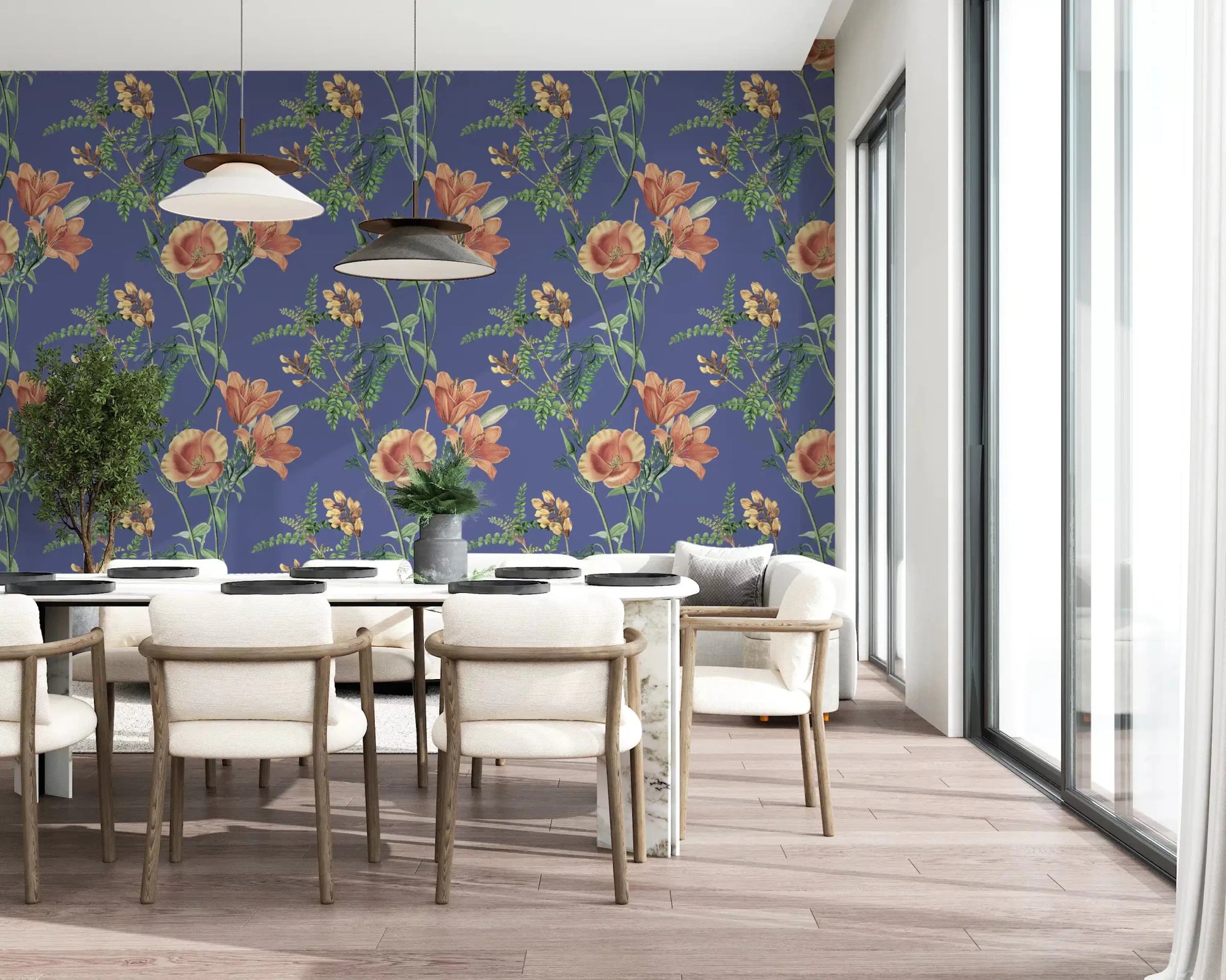 Rich blue wall in Vintage Flowers Wallpaper with floral detail