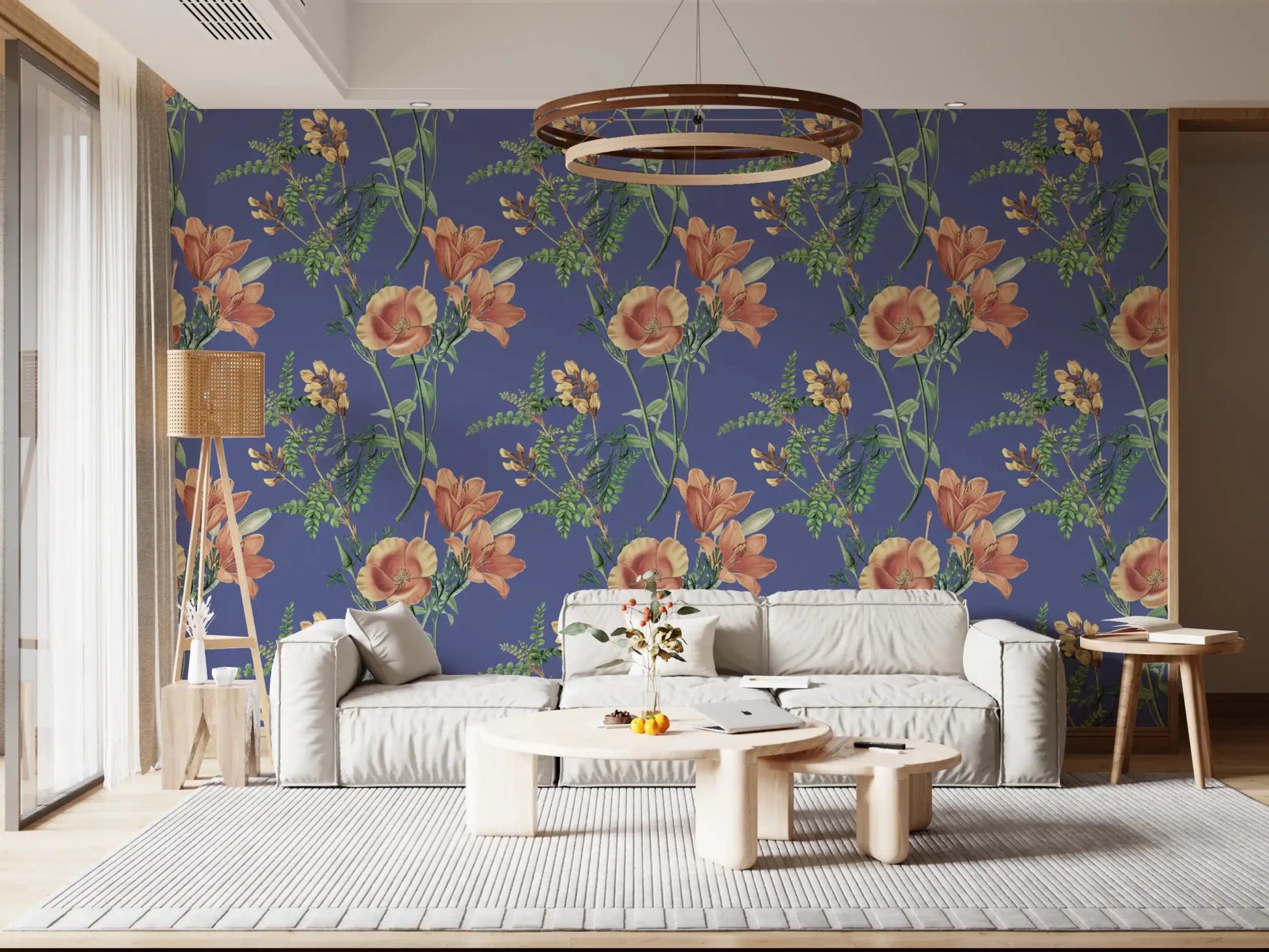 Blue botanical surface with Vintage Flowers and leafy accents