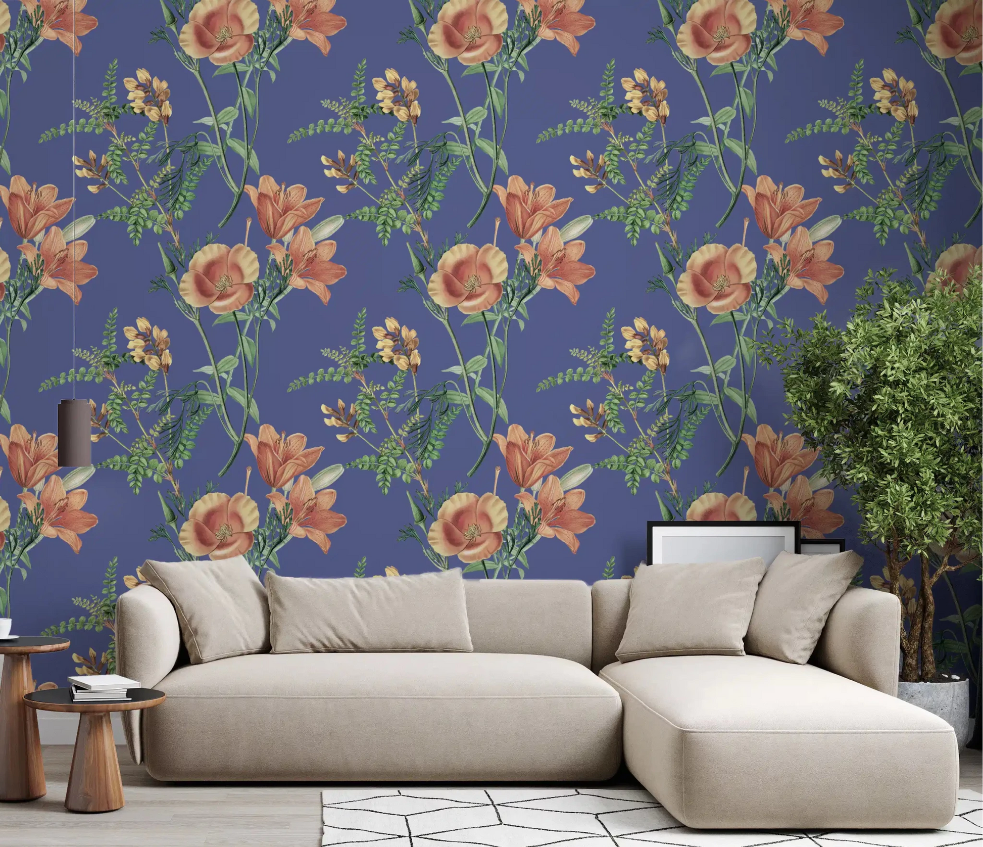 Living room with Vintage Flowers on a Vinca Background Wallpaper