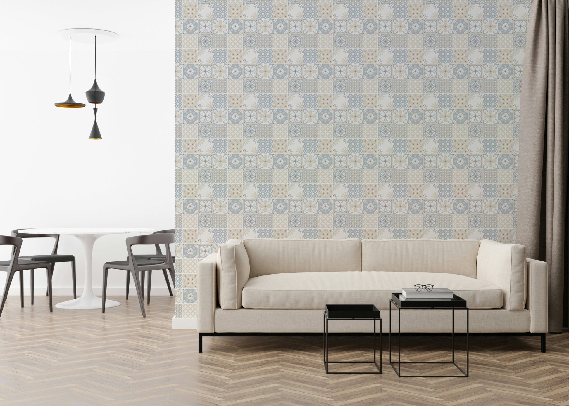 Blue Breeze Wallpaper creating an artistic feature wall.