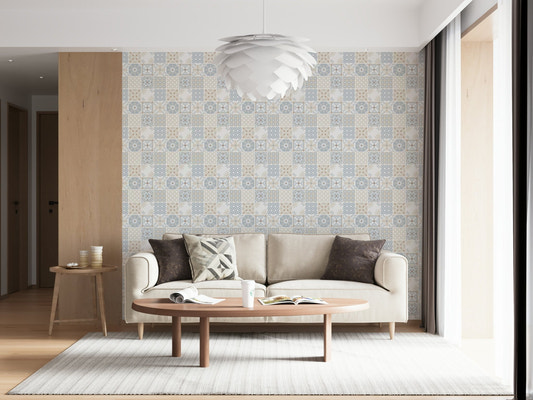 Blue Breeze Wallpaper in a stylish, Mediterranean-inspired kitchen.