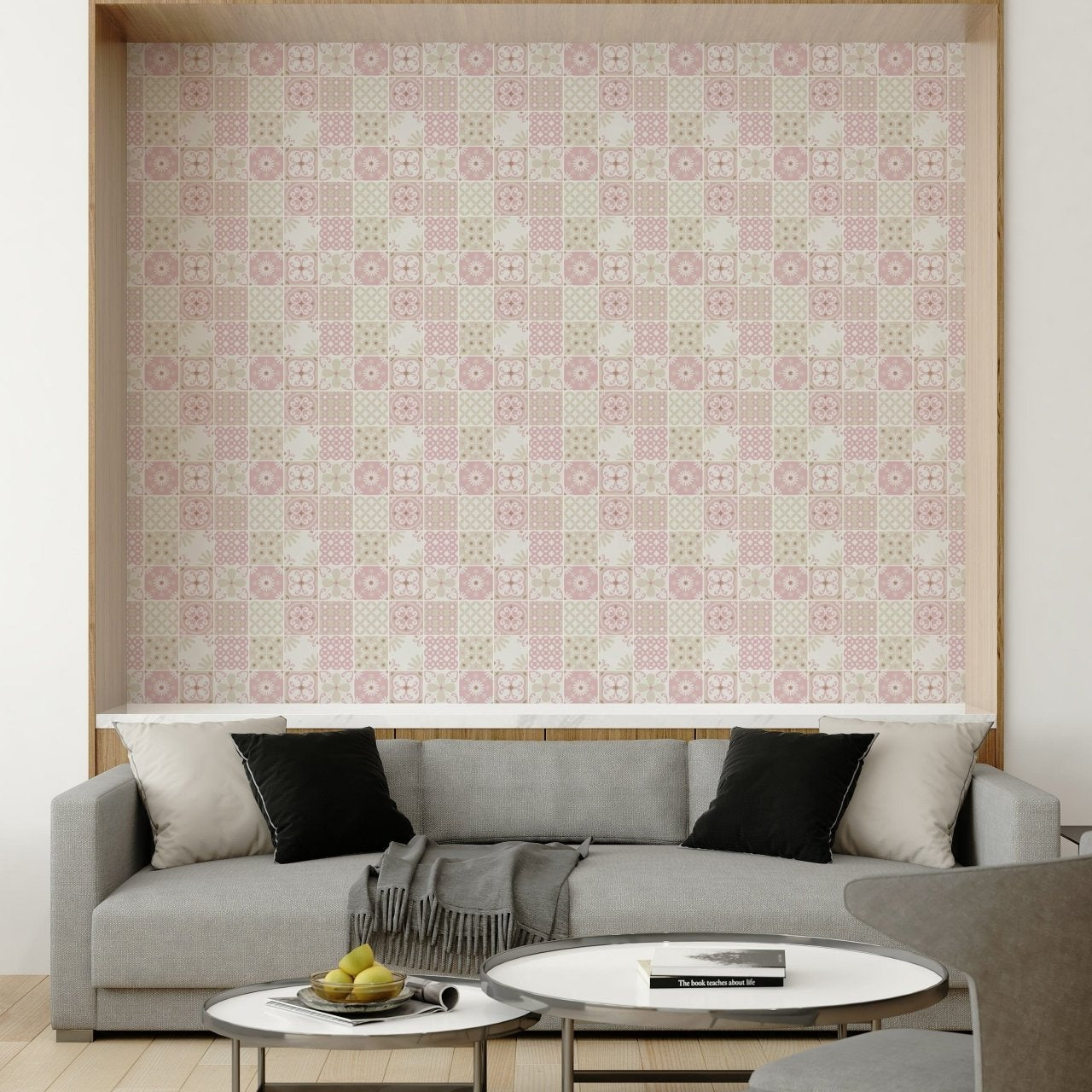 Seamless repeat of the "Vintage Folk Tiles" peel and stick wallpaper on a kitchen backsplash., GD6380