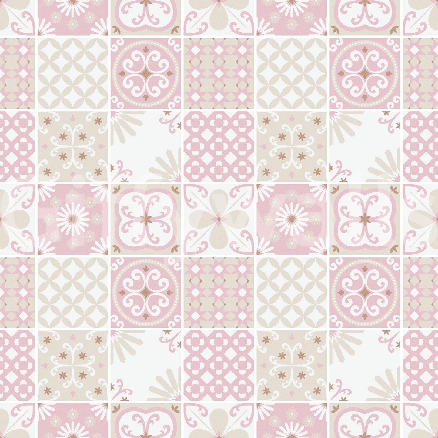 Elegant blush and gold-toned mandala-like tile in the wallpaper mural design., GD6380