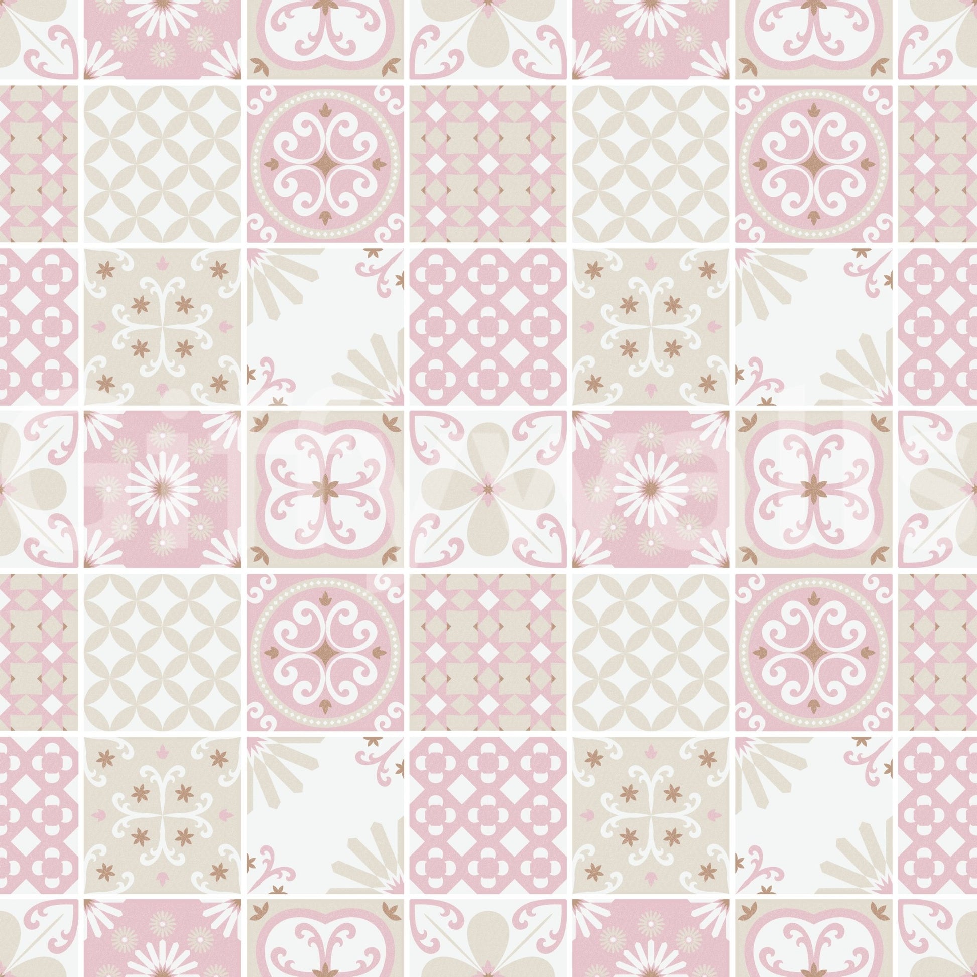 Elegant blush and gold-toned mandala-like tile in the wallpaper mural design., GD6380