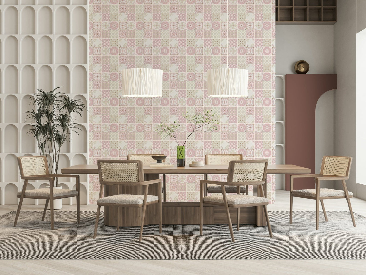 Close-up of the intricate blush pink and taupe swirling pattern tile design., GD6380