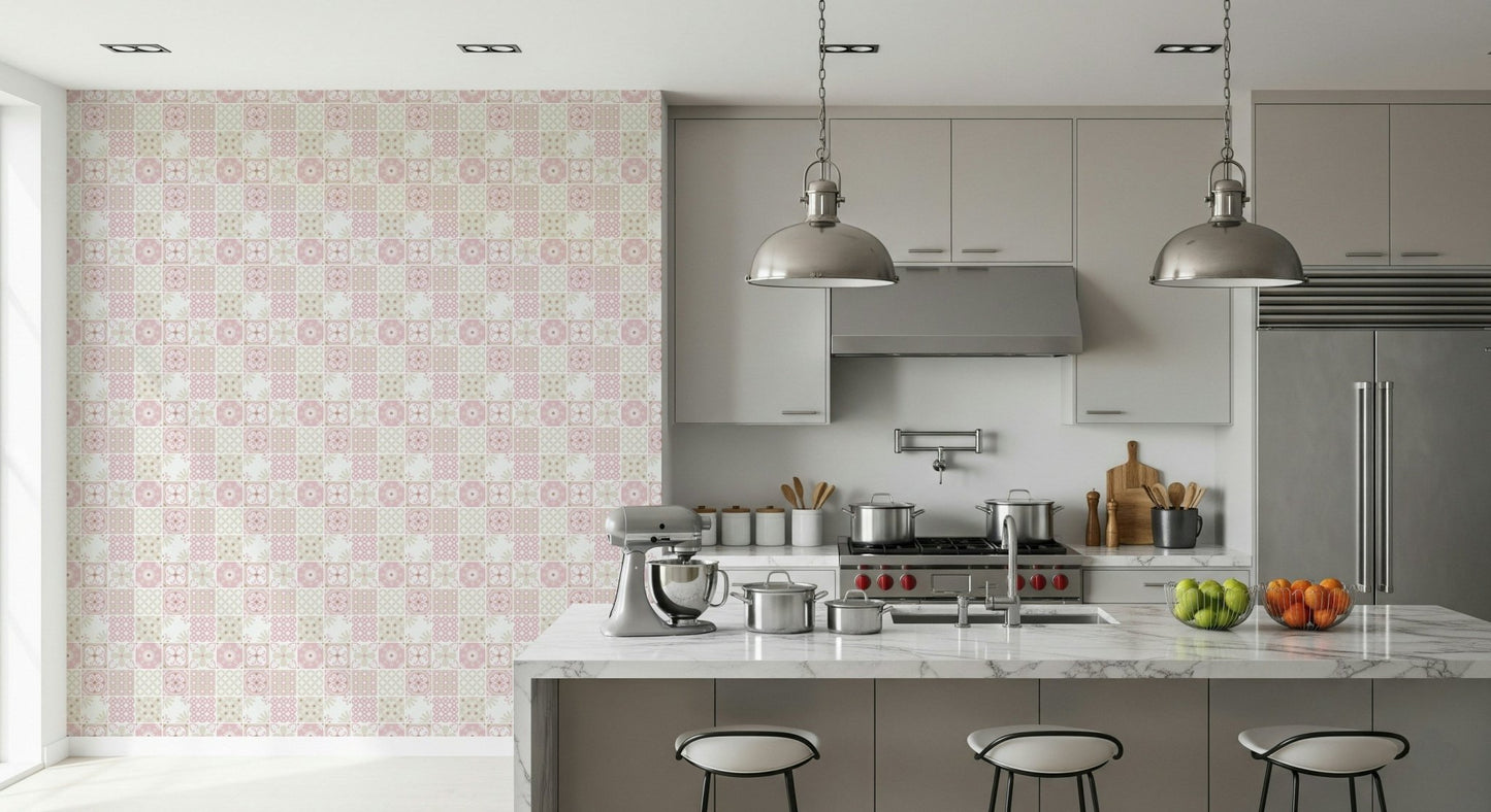 Bedroom feature wall showcasing the decorative blush pink and cream folk art style tiling., GD6380