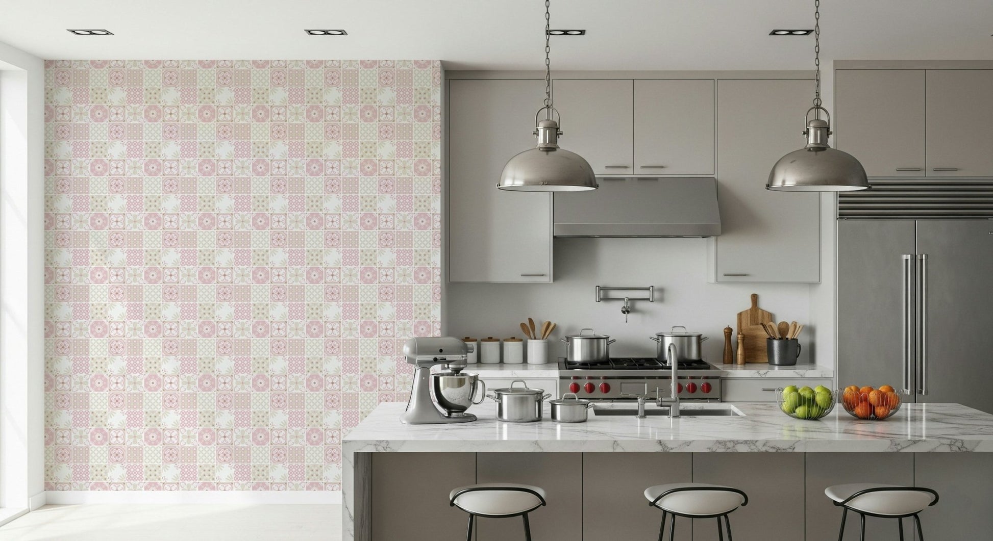 Bedroom feature wall showcasing the decorative blush pink and cream folk art style tiling., GD6380