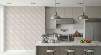 Bedroom feature wall showcasing the decorative blush pink and cream folk art style tiling., GD6380