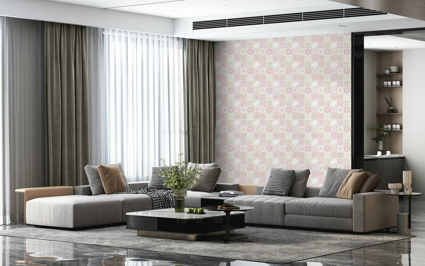 Swirl and dotted texture on a section of the pink and neutral wallpaper for walls., GD6380