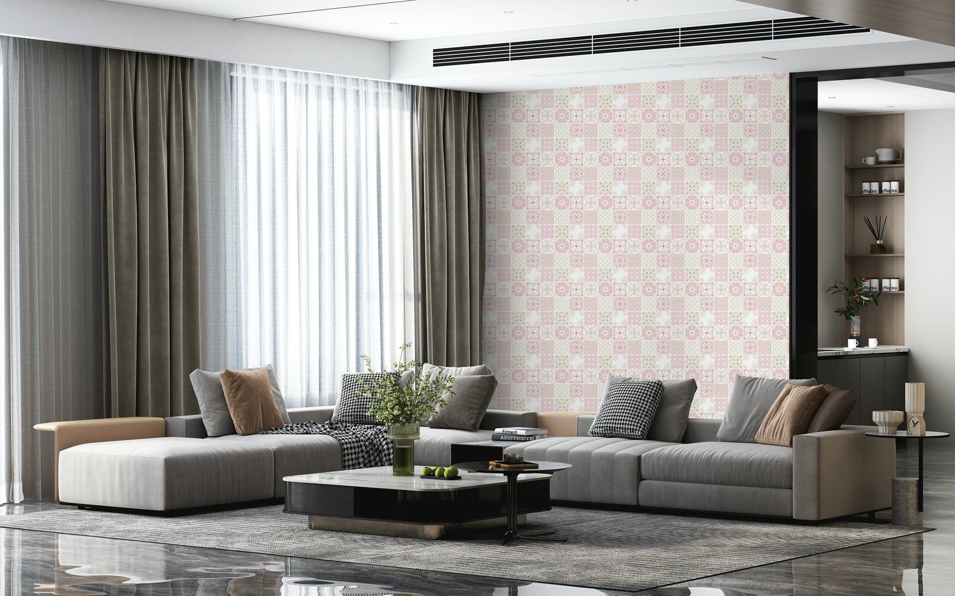 Swirl and dotted texture on a section of the pink and neutral wallpaper for walls., GD6380