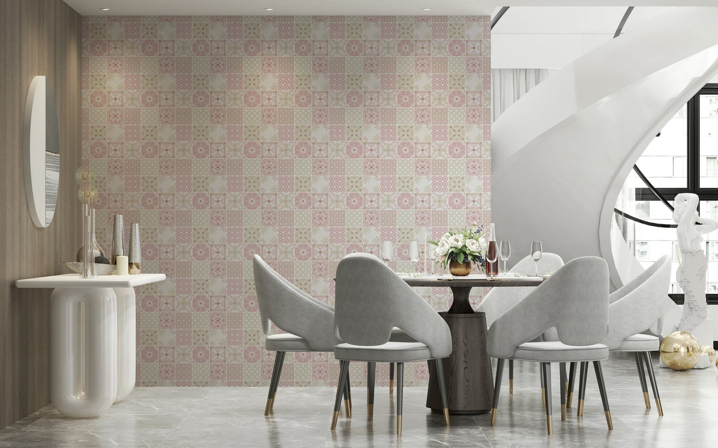 Full view of a dining room accented with the patterned blush pink tile wallcovering., GD6380
