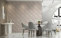 Full view of a dining room accented with the patterned blush pink tile wallcovering., GD6380