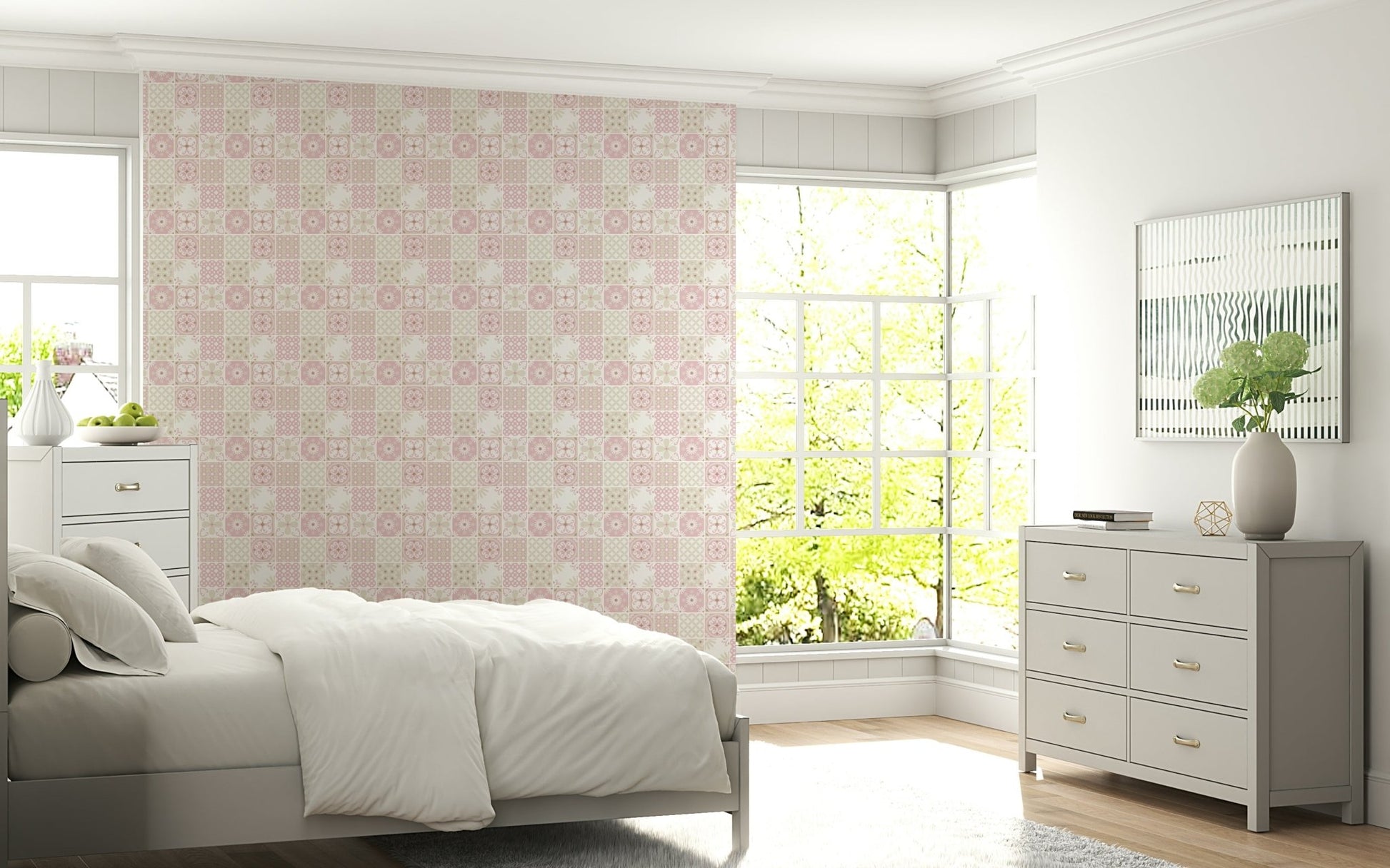 Detail of the quatrefoil and floral tile motifs in the pink wallpaper mural., GD6380