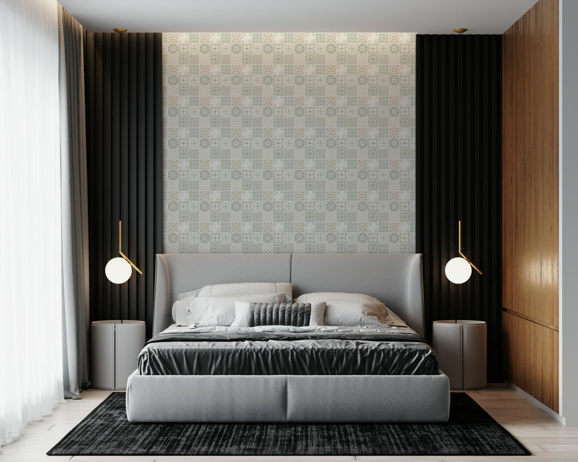 Mediterranean wallpaper for walls using the Vintage Folk Tiles Green Wallpaper.
