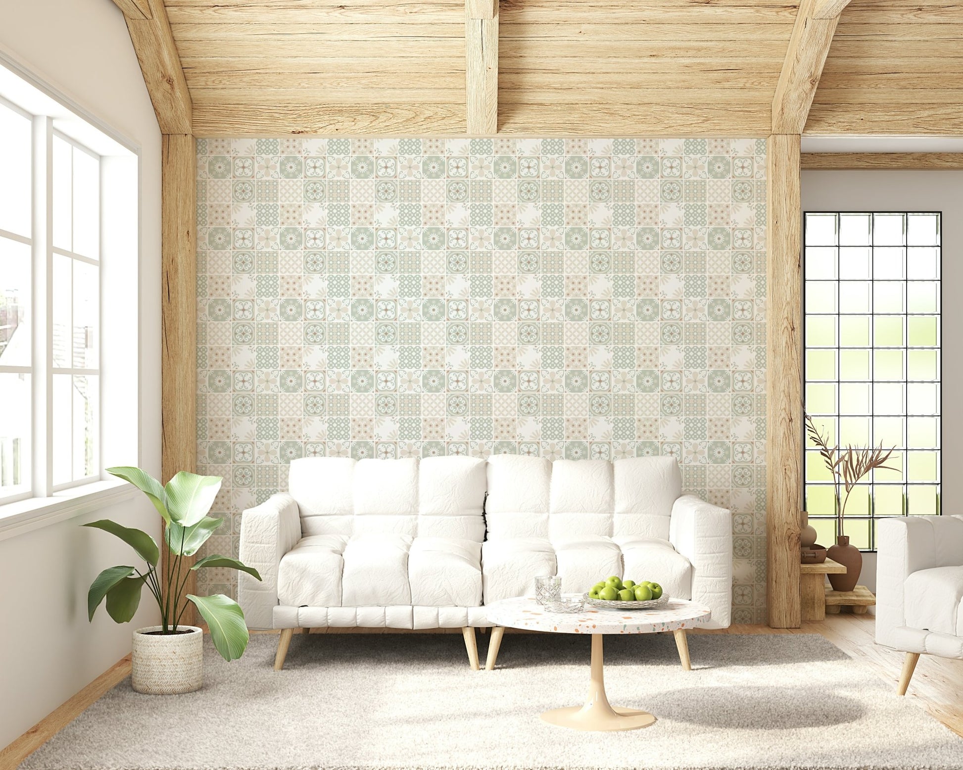 Detailed sage green and beige tile pattern of the Vintage Folk Tiles – Sage Green Wallpaper.