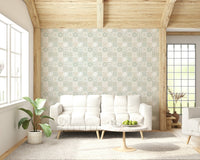 Detailed sage green and beige tile pattern of the Vintage Folk Tiles – Sage Green Wallpaper.