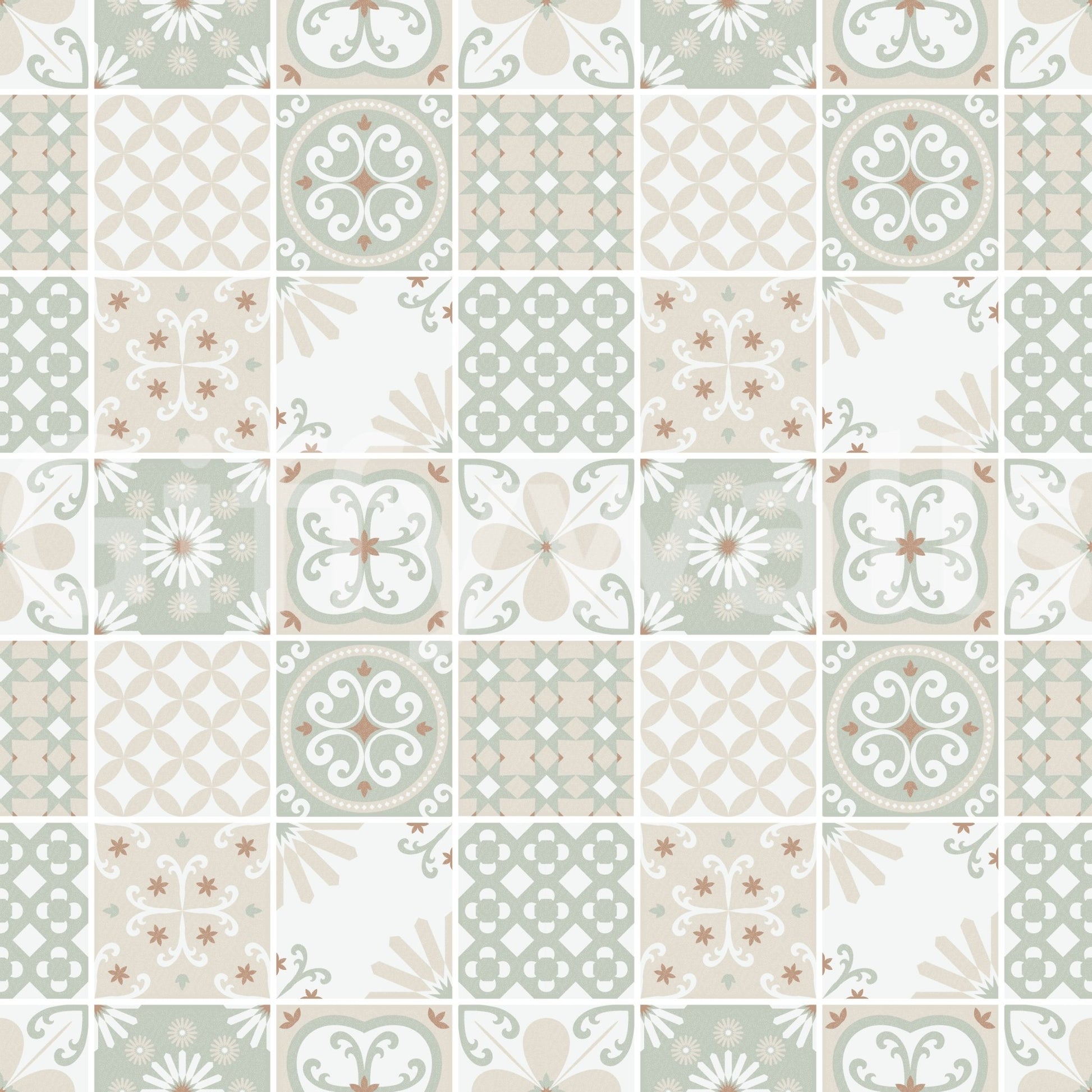 Subtle rustic texture in the beautiful Vintage Folk Tiles Green Wallpaper design.
