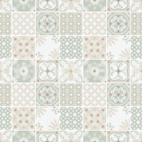 Subtle rustic texture in the beautiful Vintage Folk Tiles Green Wallpaper design.