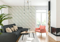 Designer interior featuring the quaint Vintage Folk Tiles Green Wallpaper design.