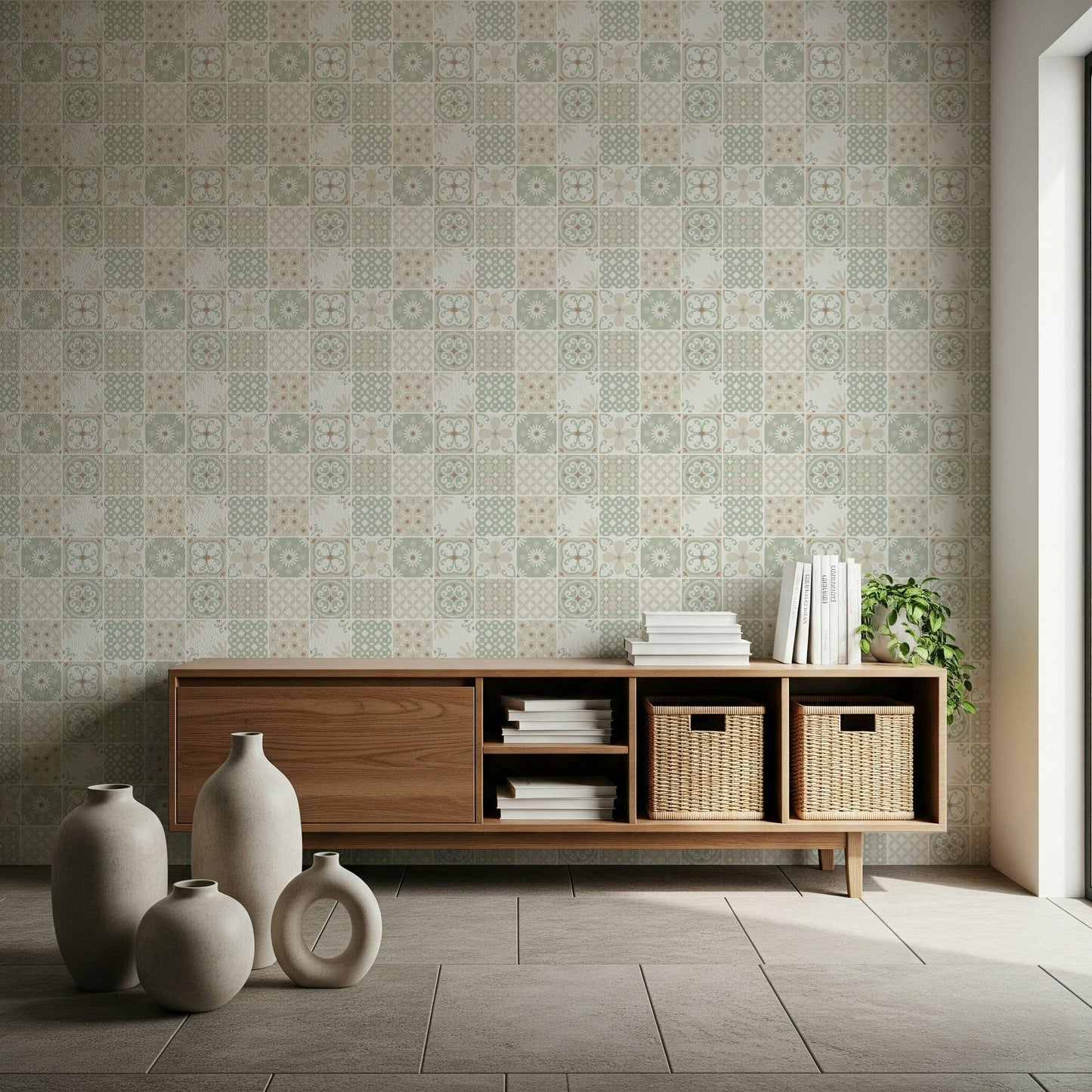 Vintage Folk Tiles Green Wallpaper creating an artistic feature wall.