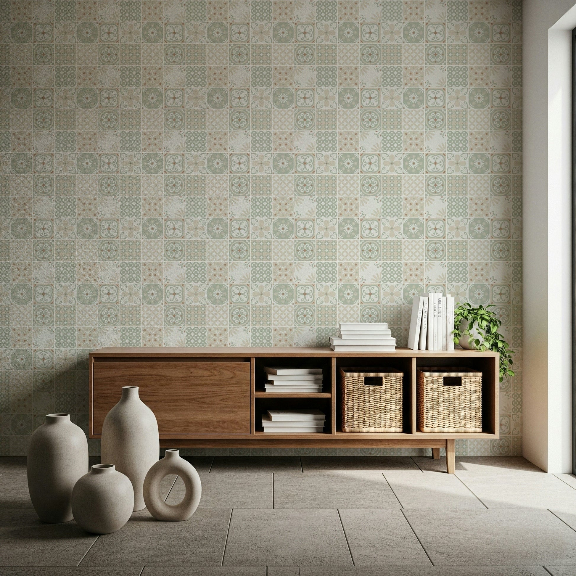 Vintage Folk Tiles Green Wallpaper creating an artistic feature wall.