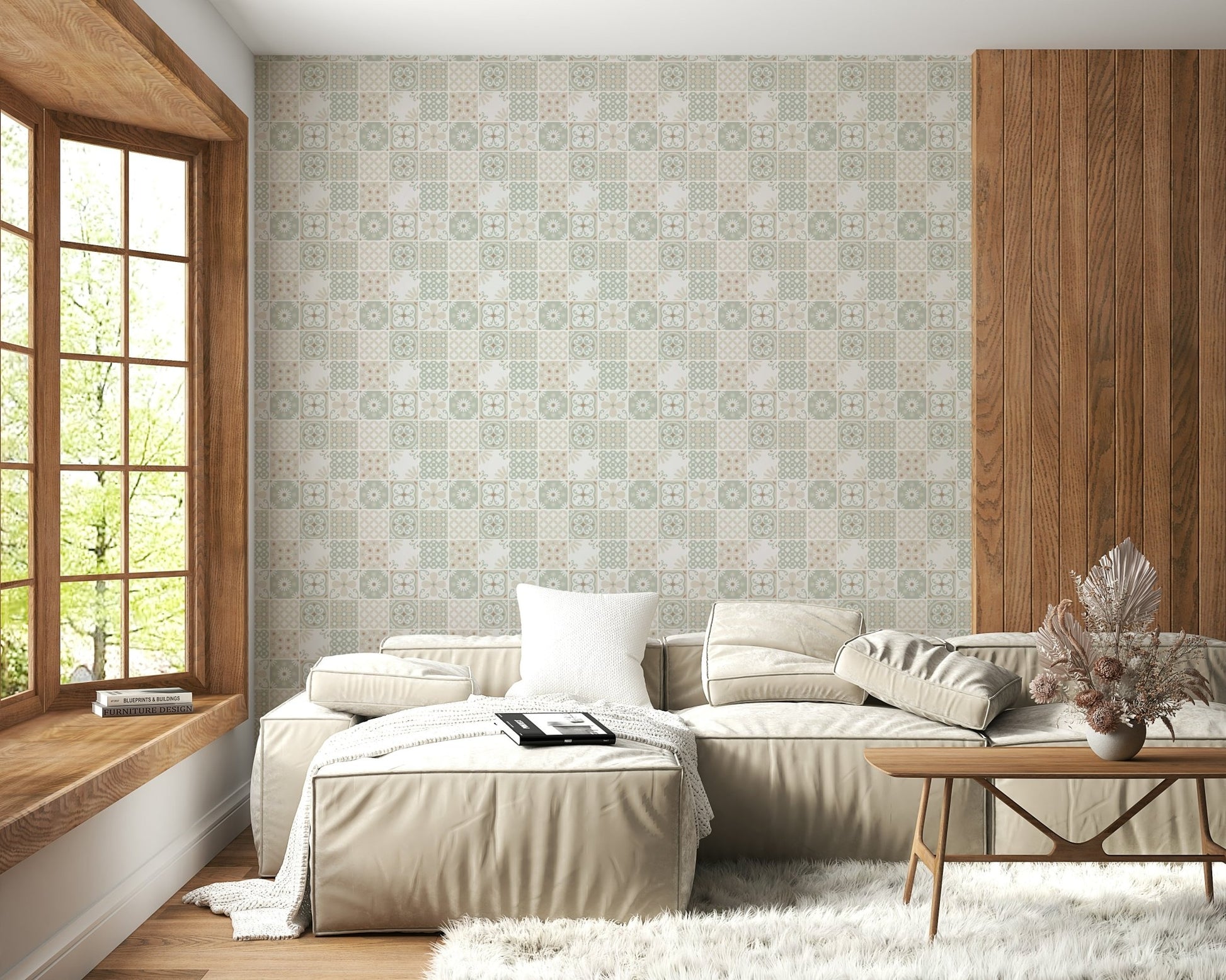 Vintage Folk Tiles – Sage Green Wallpaper in a farmhouse kitchen.