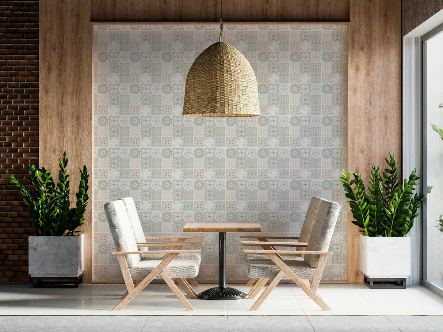 Mosaic tile print of the appealing Vintage Folk Tiles Green Wallpaper for walls.