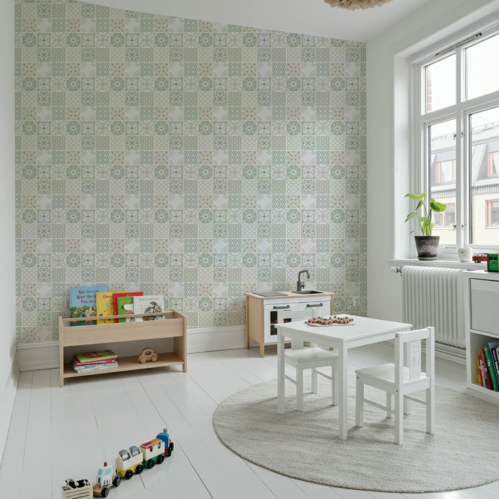 Soft sage green and beige motifs of the Vintage Folk Tiles Green Wallpaper.