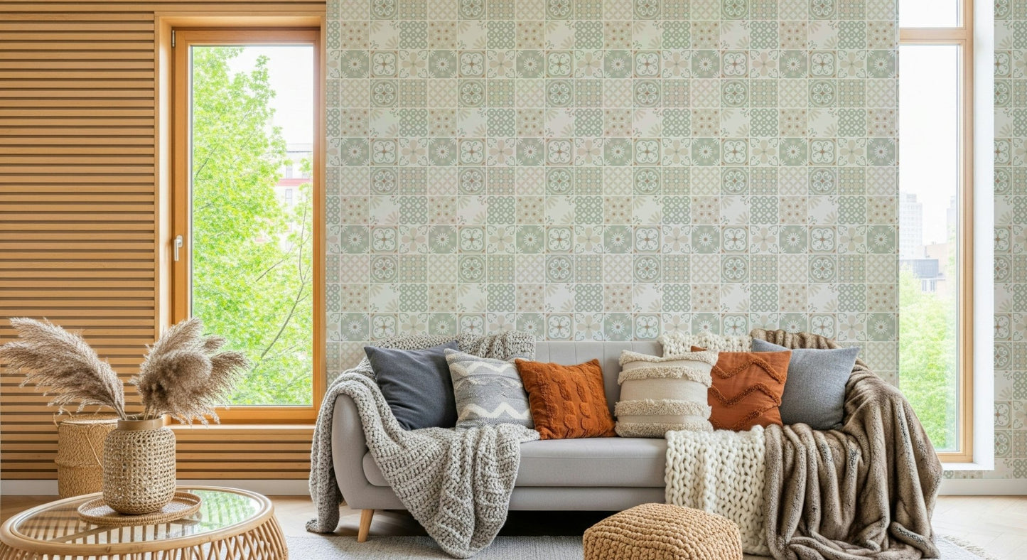 Wide room perspective featuring the calming Vintage Folk Tiles Green Wallpaper.