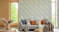 Wide room perspective featuring the calming Vintage Folk Tiles Green Wallpaper.