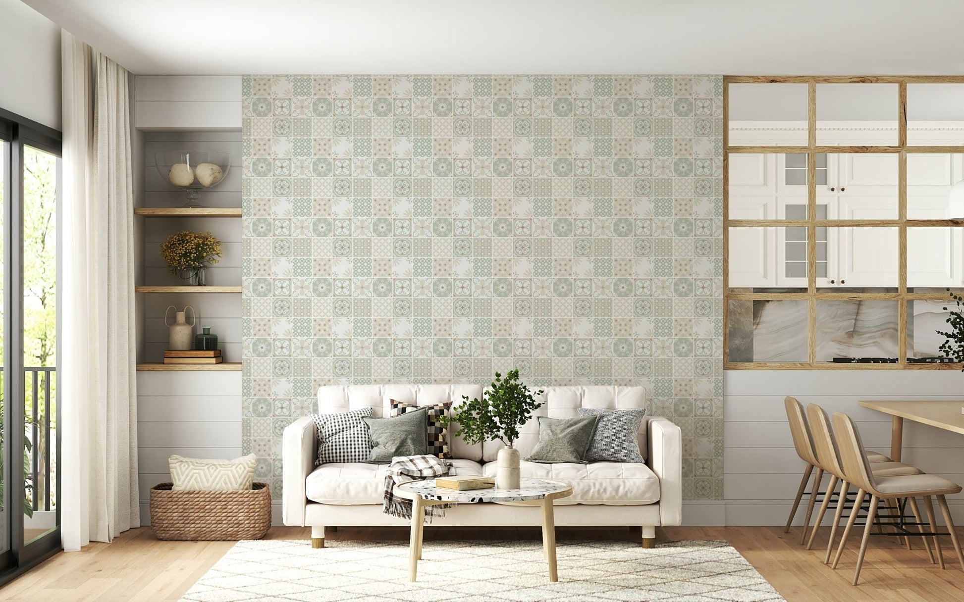 Vintage Folk Tiles Green Wallpaper accent wall in a cozy laundry room.
