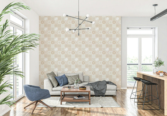 Sand beige and cream patterned wallpaper for walls used as a kitchen backsplash.