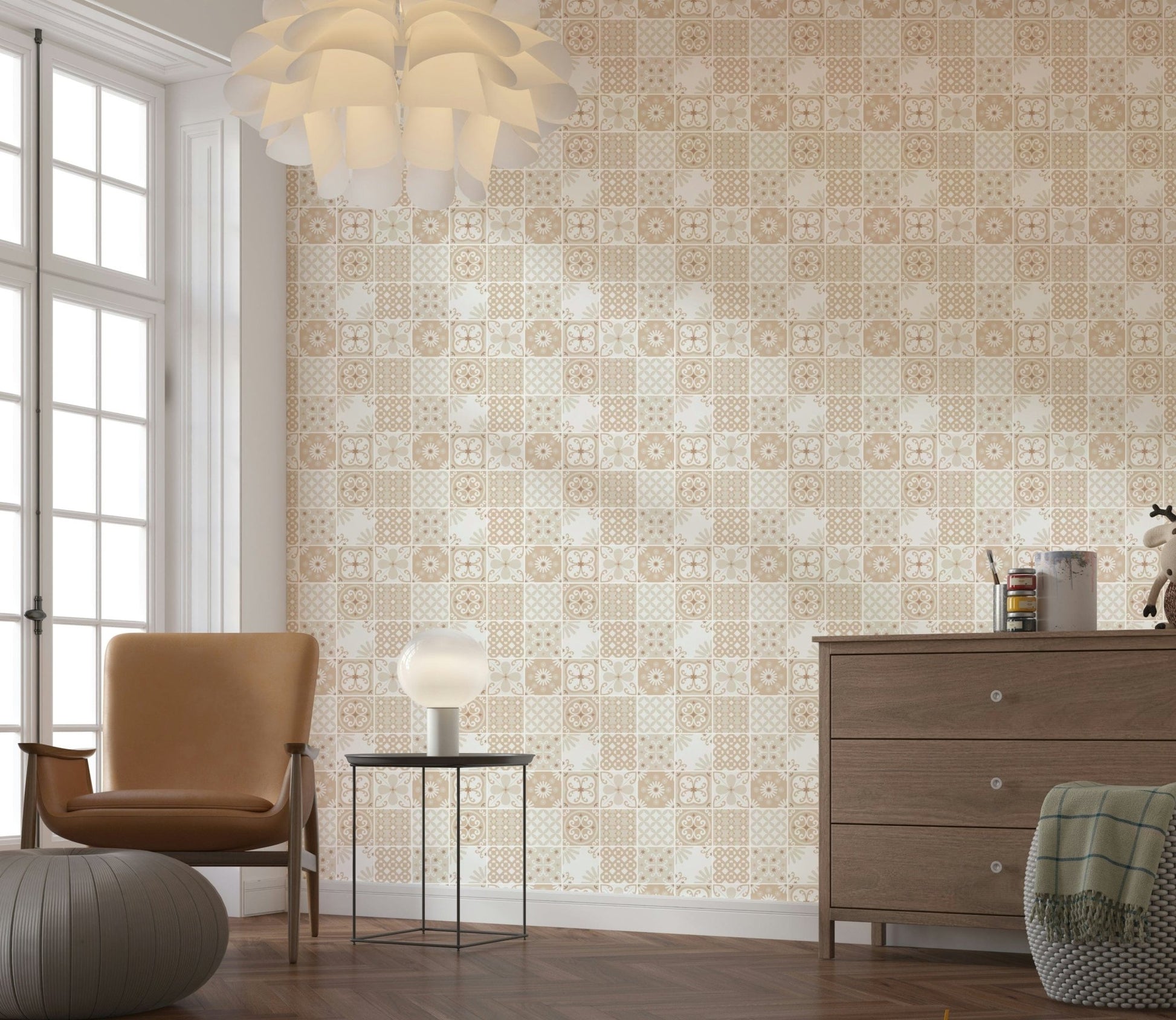 Sun-drenched tile texture on a section of the beige and white wallpaper for walls.