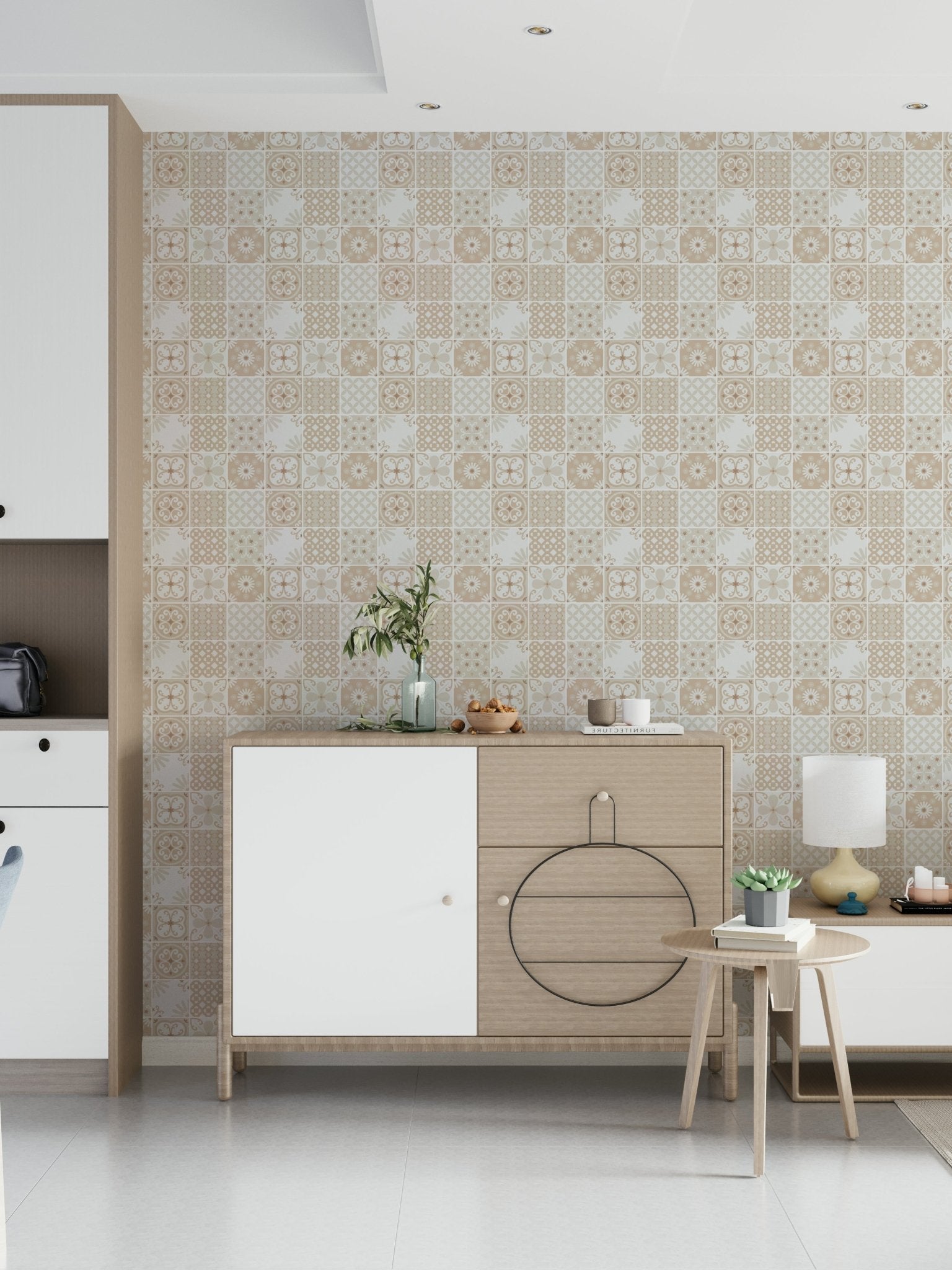 Elegant tan and cream swirling medallion tile in the wallpaper mural design.