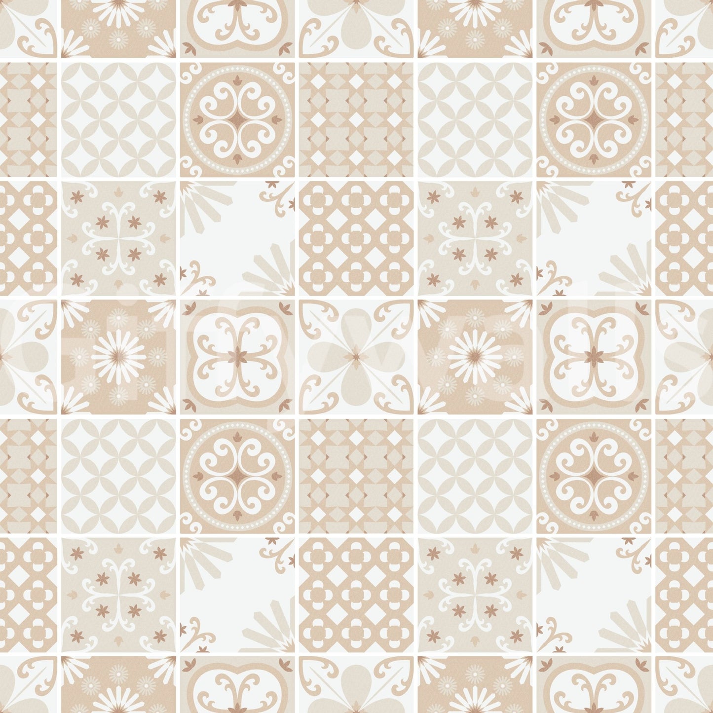 Soft, earthy tones in the overall decorative Sand Beige tile pattern.
