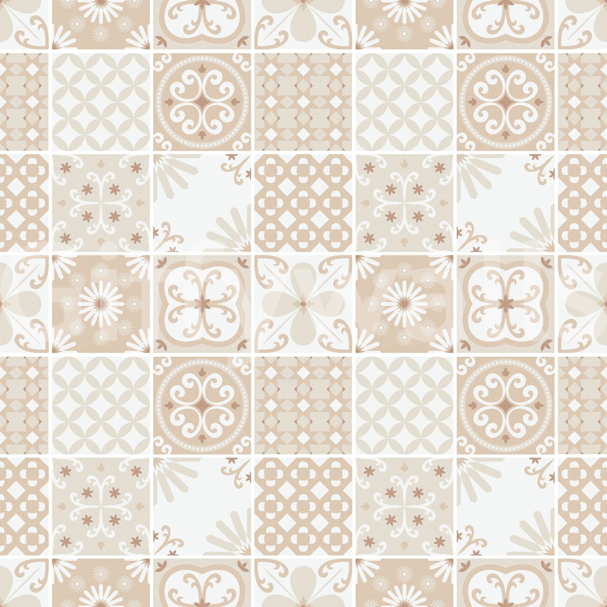 Soft, earthy tones in the overall decorative Sand Beige tile pattern.