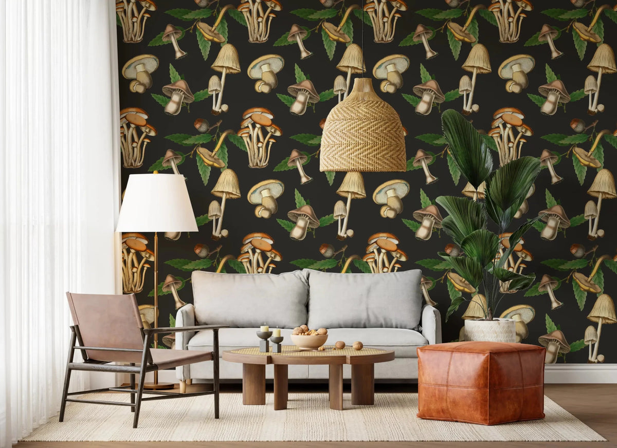 Vintage Forest Mushroom Pattern Wallpaper - Dark Woodland Print