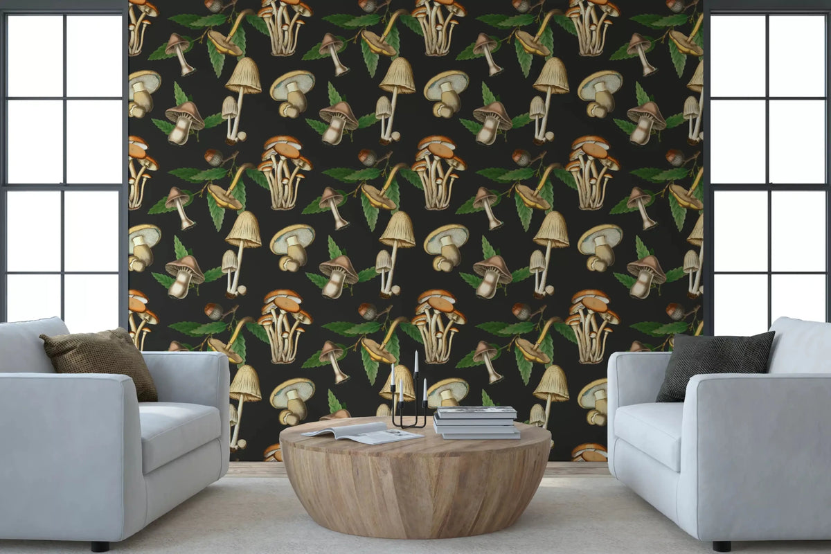 Vintage Forest Mushroom Pattern Wallpaper - Dark Woodland Print