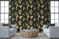 Living room wall in Mushroom Pattern wallpaper on a dark base