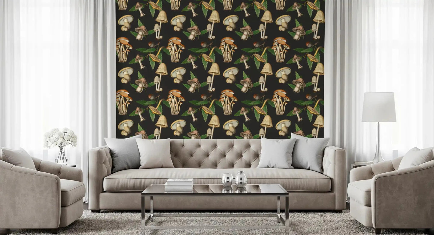 Hallway finished with Vintage Mushroom wallpaper and forest detail