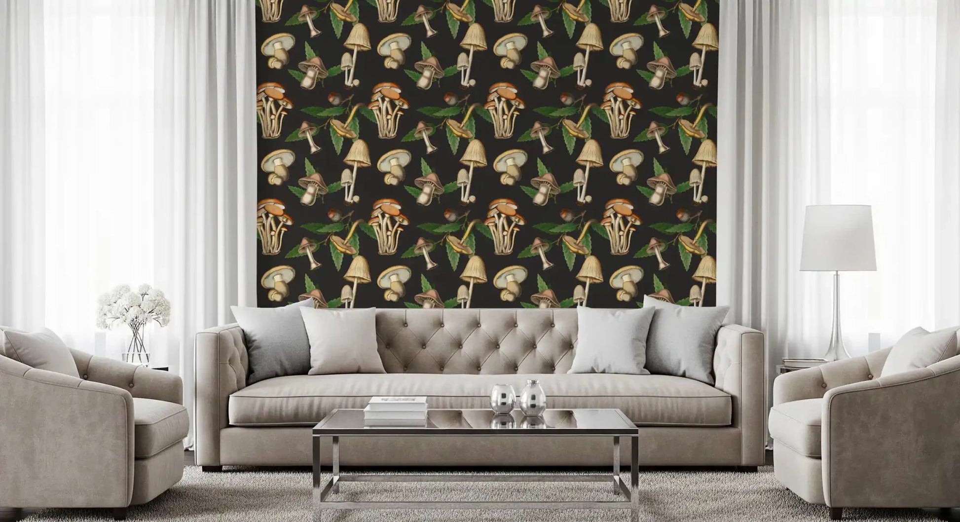 Hallway finished with Vintage Mushroom wallpaper and forest detail