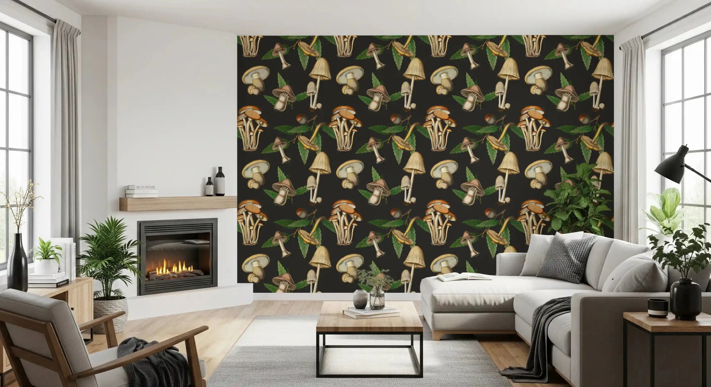 Rich woodland detailing across Vintage Mushroom wallpaper art