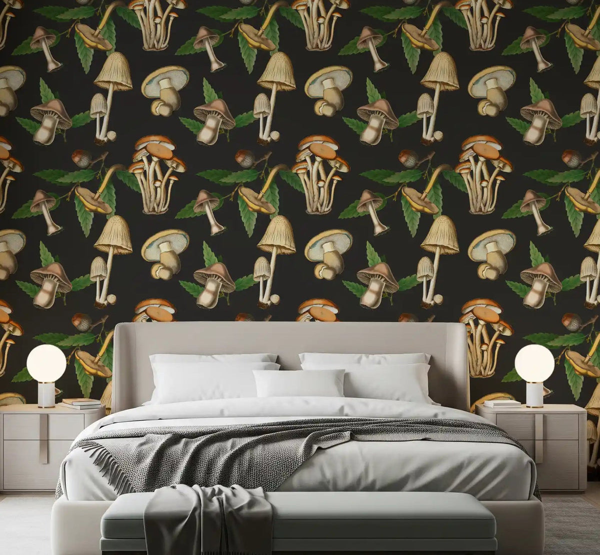 Vintage Forest Mushroom Pattern Wallpaper - Dark Woodland Print