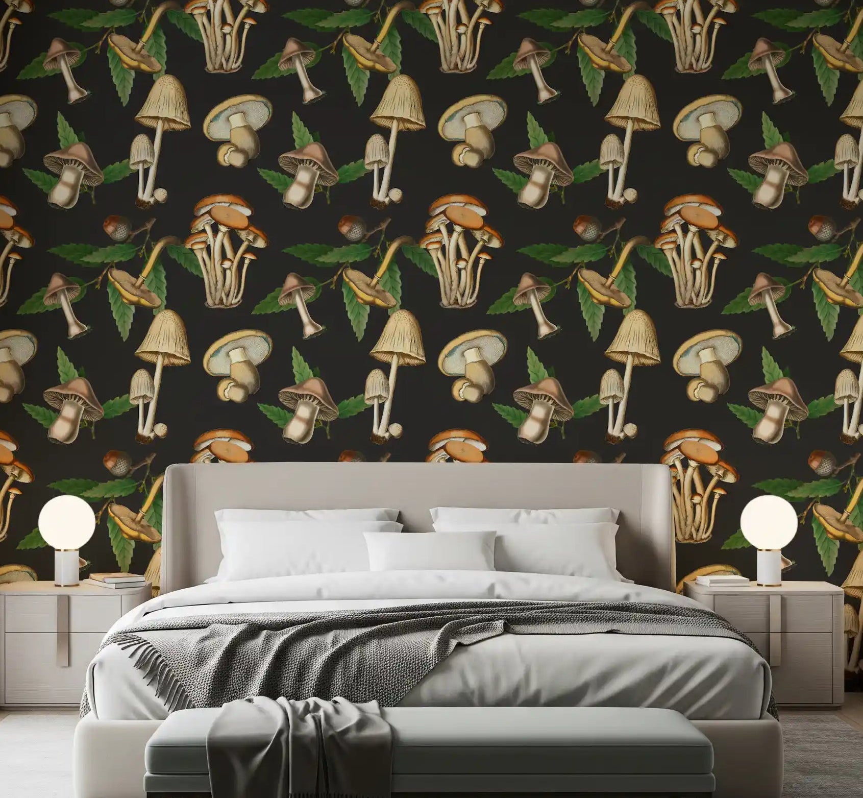 Bedroom styled with Vintage Forest wallpaper and mushroom motifs