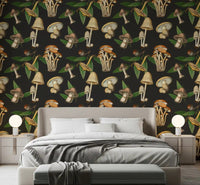Bedroom styled with Vintage Forest wallpaper and mushroom motifs
