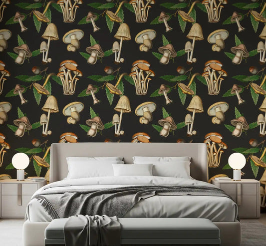 Bedroom styled with Vintage Forest wallpaper and mushroom motifs