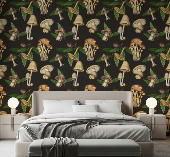 Bedroom styled with Vintage Forest wallpaper and mushroom motifs, GD9331