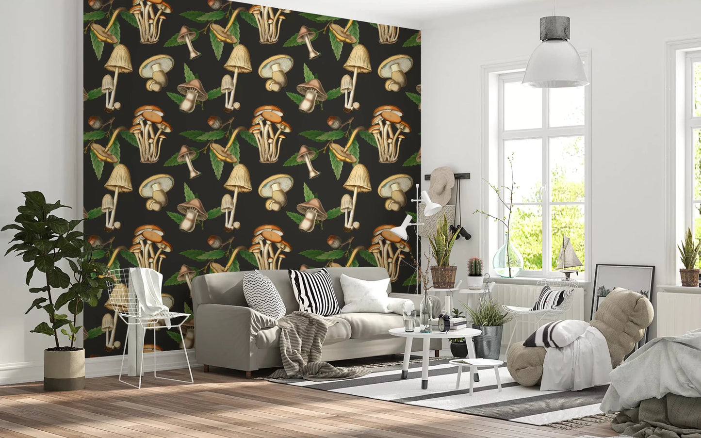 Deep charcoal wallpaper with Vintage Forest Mushroom sketch detail