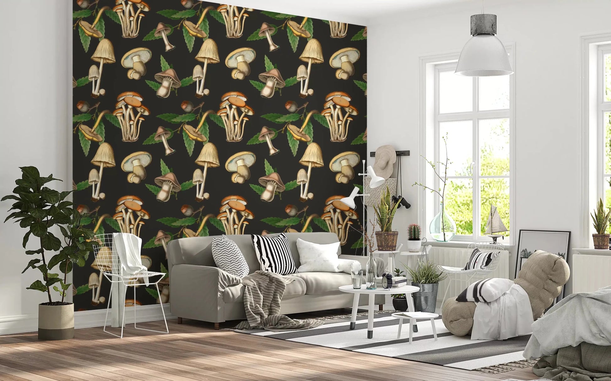 Deep charcoal wallpaper with Vintage Forest Mushroom sketch detail
